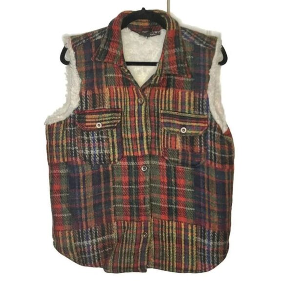 Vintage Urban Wool Blend Patchwork Plaid Faux Sherpa Lined Vest - Picture 1 of 6